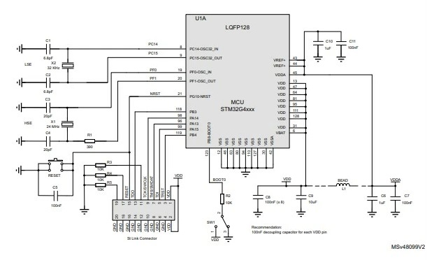 STM32G4 reference schematic showing the HSE oscillator circuit