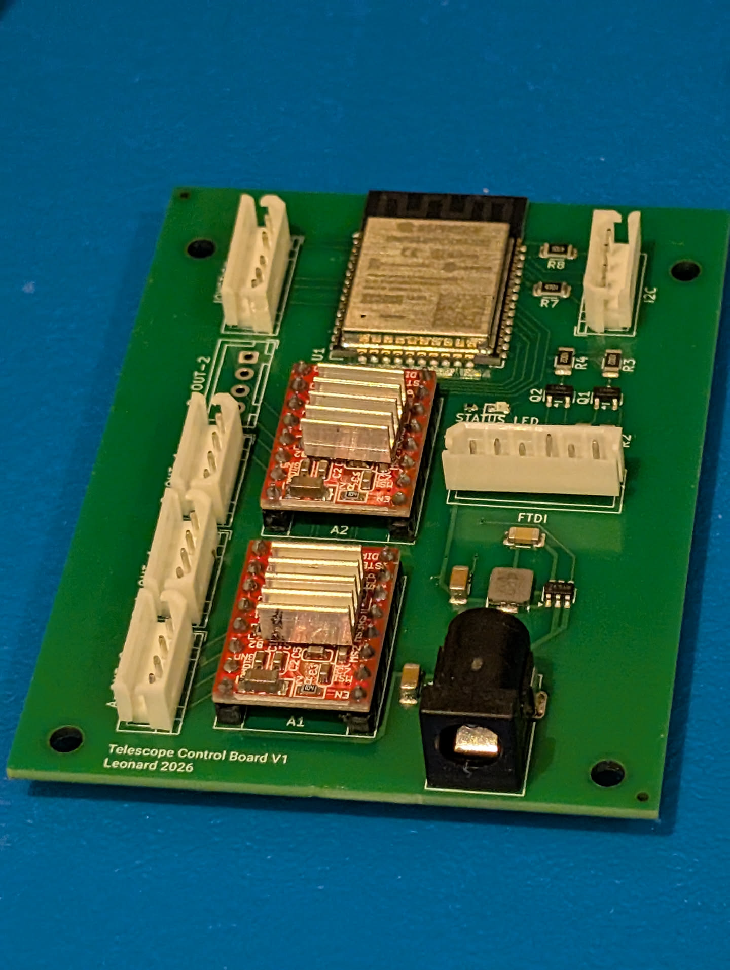 Custom designed telescope control PCB with ESP32 and dual stepper drivers